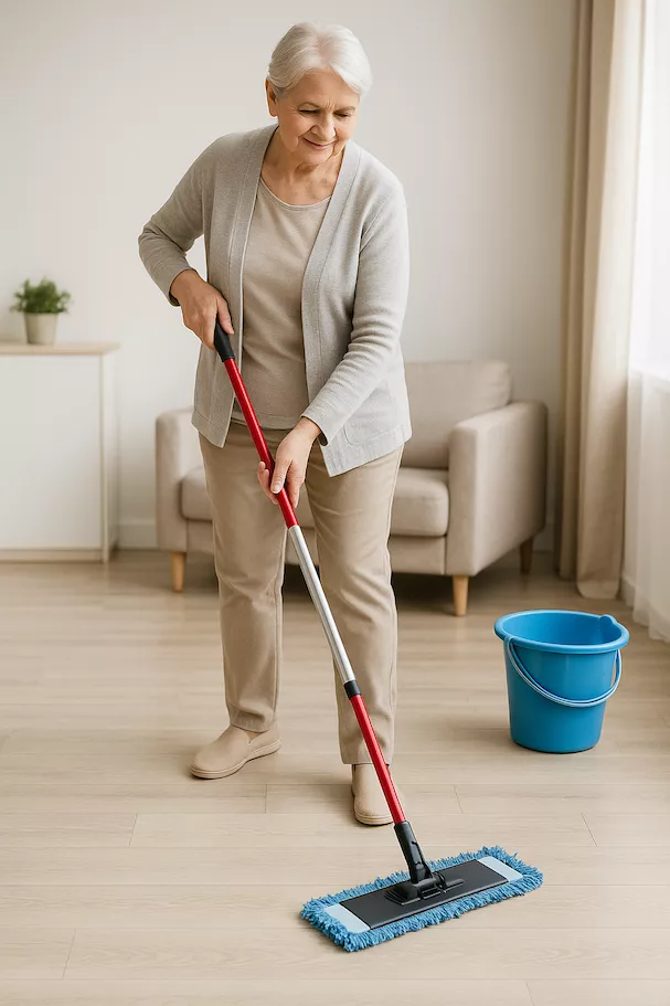 “Äldre person städar golv med förlängd städmopp utan att böja sig – symboliserar ergonomisk och skonsam städning anpassad för seniorer och personer med begränsad rörlighet”